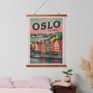 Oslo farbenfrohe Häuser Norwegen Vintag und Gesche Wandteppich Mit Holzrahmen