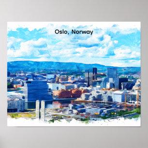 Oslo Norwegen Aquarellmalerei Panoramablick Poster