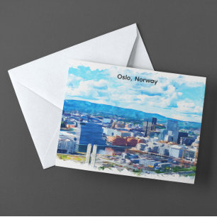 Oslo Norwegen Aquarellmalerei Panoramablick Postkarte