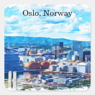 Oslo Norwegen Aquarellmalerei Panoramablick Quadratischer Aufkleber