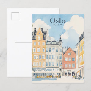 Oslo Norwegen Gouache-Mal-Illustration Reise Postkarte