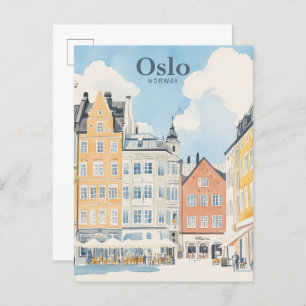 Oslo Norwegen Gouache Paint Illustration Travel Postkarte