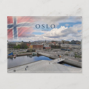 Oslo Norwegen mit norwegischer Flagge am Wasser Postkarte