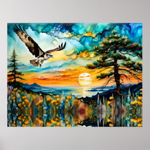 Osprey im Flug über Wildblumen bei Sonnenuntergang Poster