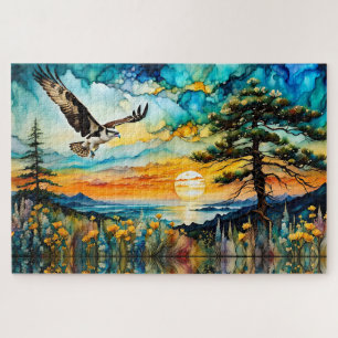 Osprey im Flug über Wildblumen bei Sonnenuntergang Puzzle