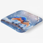 Ost-Bluebirds schnuppern auf einer verschneiten Zw Pappteller (Gewinkelt)