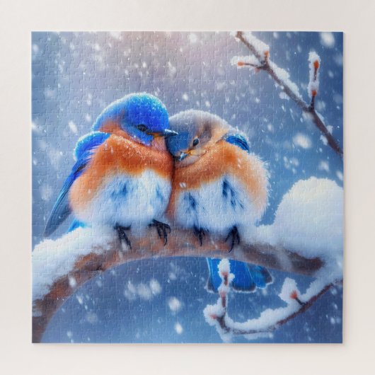 Ost-Bluebirds schnuppern auf einer verschneiten Zw Puzzle (Vertikal)