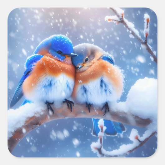 Ost-Bluebirds schnuppern auf einer verschneiten Zw Quadratischer Aufkleber (Vorderseite)