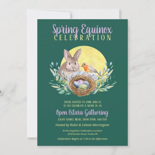 Ostara Spring Equinox Bunny & Bird Nest Green Einladung (Vorderseite)
