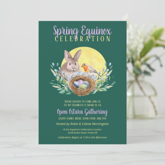 Ostara Spring Equinox Bunny & Bird Nest Green Einladung (Stehend Vorderseite)