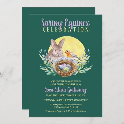 Ostara Spring Equinox Bunny & Bird Nest Green Einladung (Vorne/Hinten)