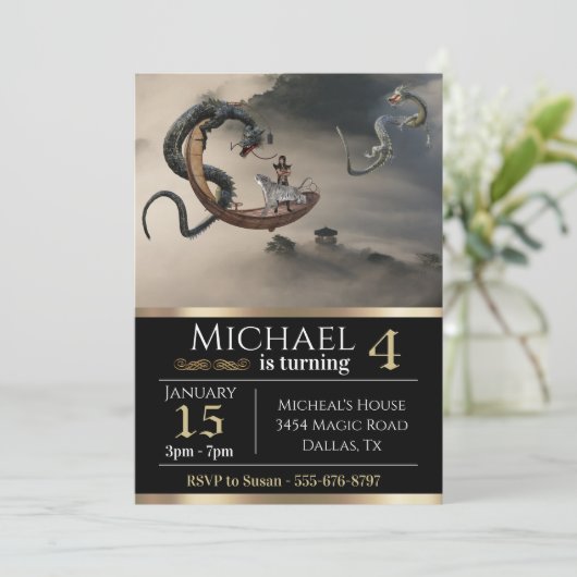Ostchinesischer Drachenfantasy Metallic Geburtstag Einladung (Stehend Vorderseite)
