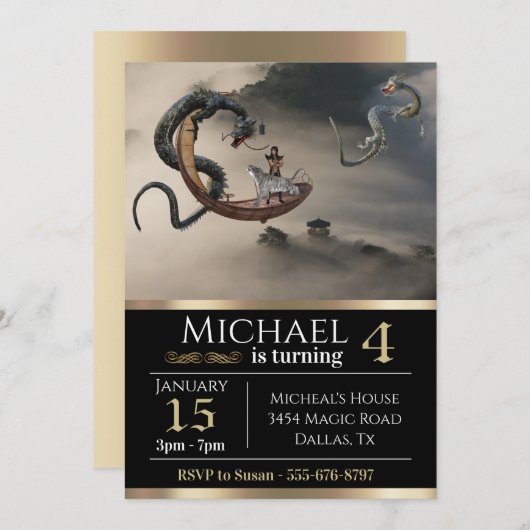 Ostchinesischer Drachenfantasy Metallic Geburtstag Einladung (Vorne/Hinten)
