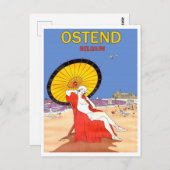 Ostende, Belgien, Frau am Strand mit Sonnenschirm Postkarte (Vorne/Hinten)