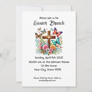 Oster-Brunch-Einladung mit Kreuz, Blumen und Schme Einladung