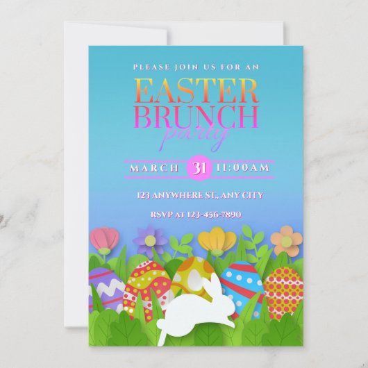 Oster-Brunch-Party – Bunter Hase & Eier Ankündigung (Vorderseite)