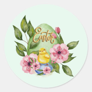 Oster-Ei, Baby-Küken, rosa Frühlingsblumen Runder Aufkleber