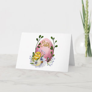 Oster-Ei, Baby-Küken und Frühlingsblumen Karte