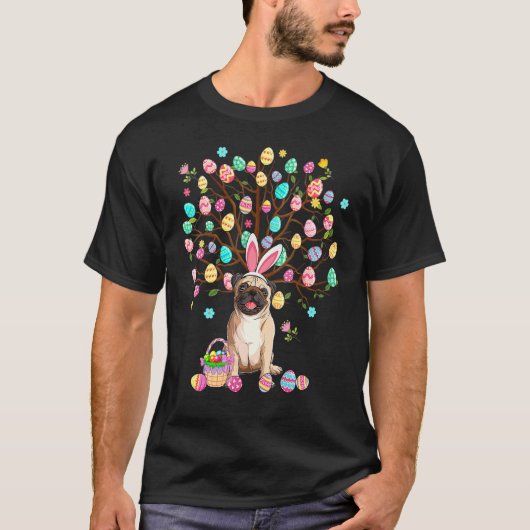 Oster-Eier Baum Mops Hund mit Hasenohren T-Shirt (Vorderseite)
