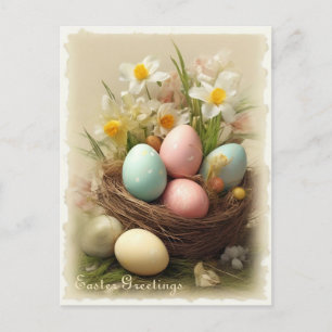 Oster-Eier im Vintage-Stil, Nest und weiße Ostergl Postkarte