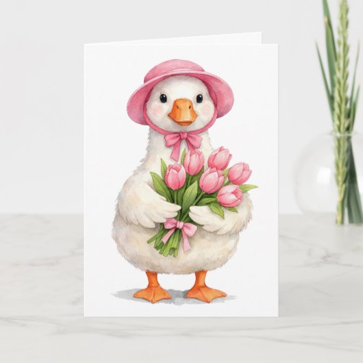 Oster-Frühlingsgans mit rosa Tulpen Karte (Vorderseite)
