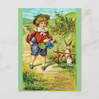 Oster-Grußpostkarte mit Vintage-Jungen und -Häsche Postkarte