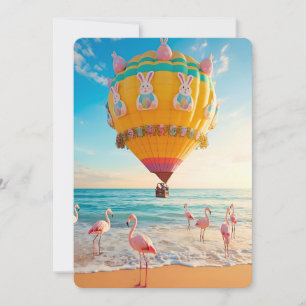 Oster-Heißluftballon und Flamingos am Strand Feiertagskarte