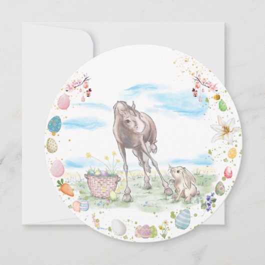 Oster Karte mit Pferd und Osterhase, Grusskarte (Vorderseite)