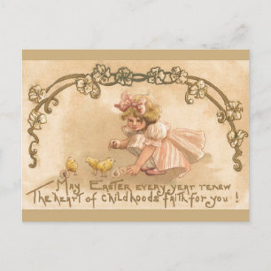 Oster-Mädchen im rosa Kleid mit Küken - Antike Pos Feiertagspostkarte