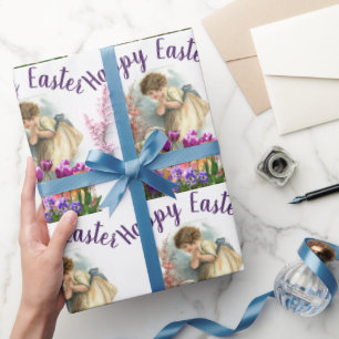 Oster-Mädchen mit Tulpenblumen im Vintage-Stil   Geschenkpapier