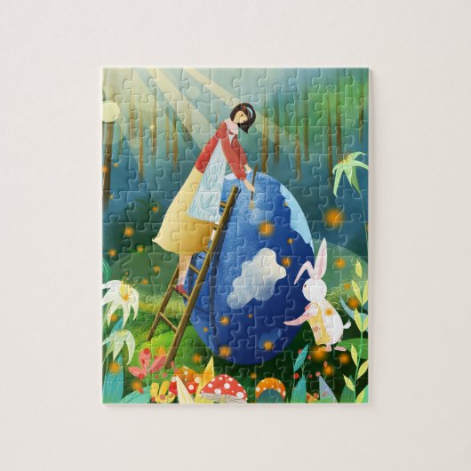 Oster Mädchen und Hase malen riesiges blaues Ei Puzzle (Vertikal)
