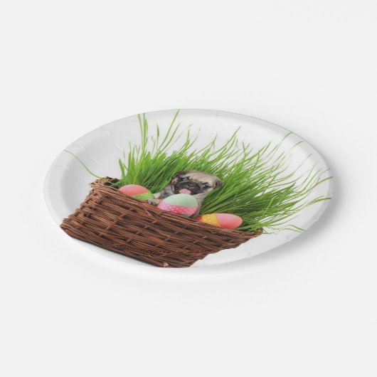 Oster-Mops-Hund-Party-Teller Pappteller (Schrägansicht)