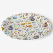 Oster-Papierplatten – Hasen, Eier, Küken Pappteller (Schrägansicht)
