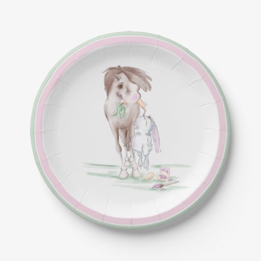 Oster Pappteller mit Pferd und Hase für Osterparty (Vorderseite)