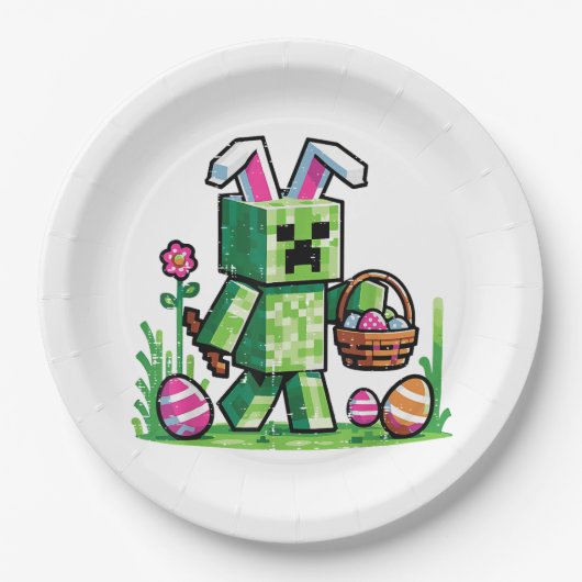 Oster-Pixel-Gaming-Hase-Eierjagd Pappteller (Vorderseite)