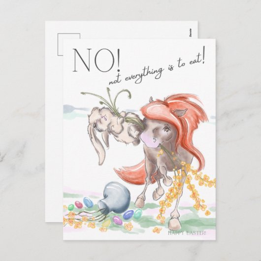 Oster Postkarte mit Pferd und Hase, lustige Tiere  (Vorne/Hinten)