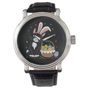 Oster-Schwarze Katze Smoking Kaninchen Hase Ohren  Armbanduhr