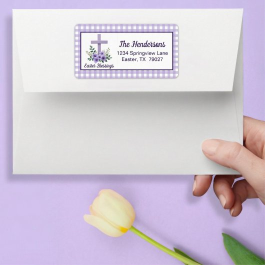 Oster-Segen-Kreuz mit Blumen Lila Gingham Adressaufkleber