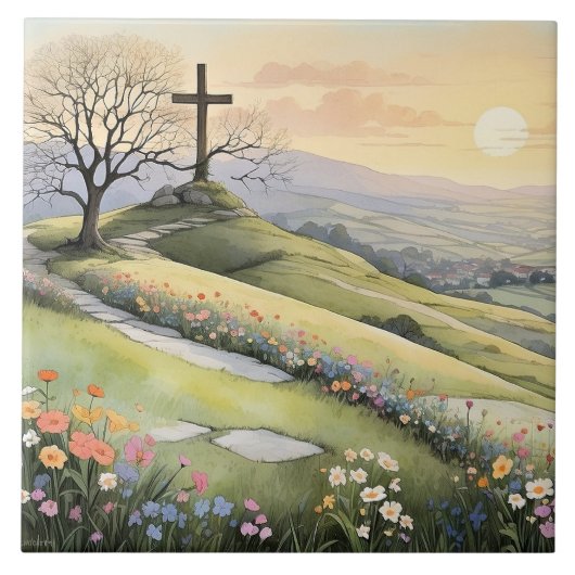 Oster-Sonnenaufgang-Kunstillustration Fliese (Vorderseite)