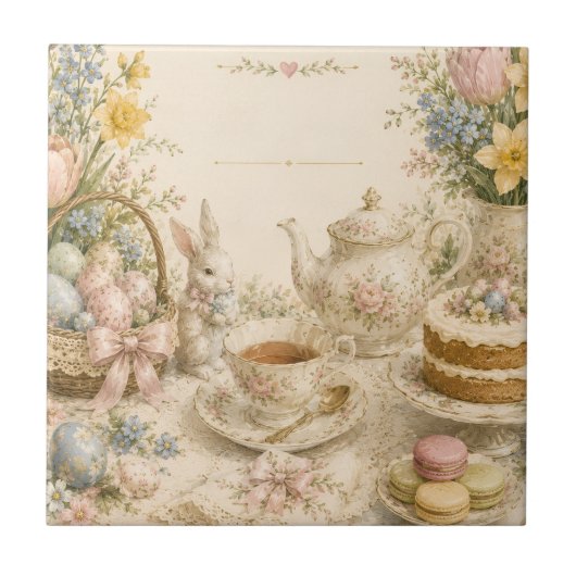 Oster-Teeparty, Vintage-Blumenfeier Fliese (Vorderseite)