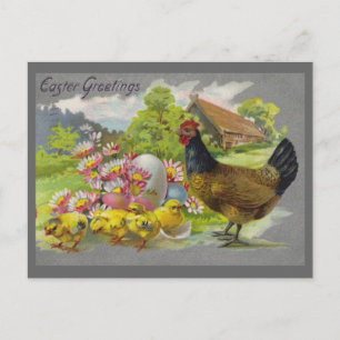 Oster-Vintage-Henne, Küken und rosa Blumen Postkar Feiertagspostkarte