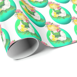 Oster-Vintage-Mädchen mit Osterküken Geschenkpapier