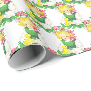 Oster-Vintage-Mädchen mit Osterküken Geschenkpapier