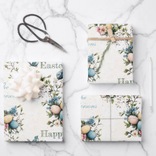 Oster-Vögel & Pastell-Eier Aquarell-Blumen Geschenkpapier Set