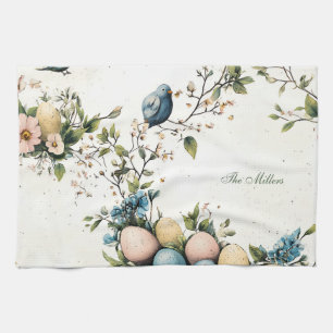 Oster-Vögel & Pastell-Eier Aquarell-Blumen Geschirrtuch