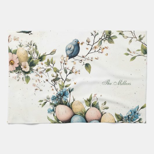 Oster-Vögel & Pastell-Eier Aquarell-Blumen Geschirrtuch (Horizontal)