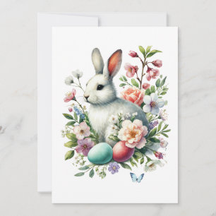 Oster-Watercolor-Hase, Eier und Blumen Einladung