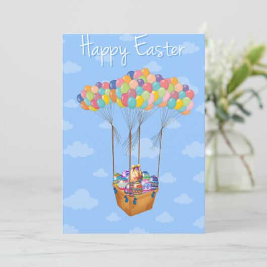 Osterballonkörbe mit bunten Eiern Einladung (Stehend Vorderseite)