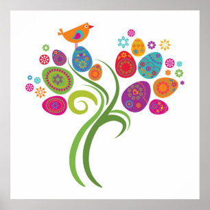 Osterbaum mit farbigen Eiern und Blume Poster