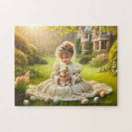 Osterbild eines viktorianischen kleinen Mädchens m Puzzle